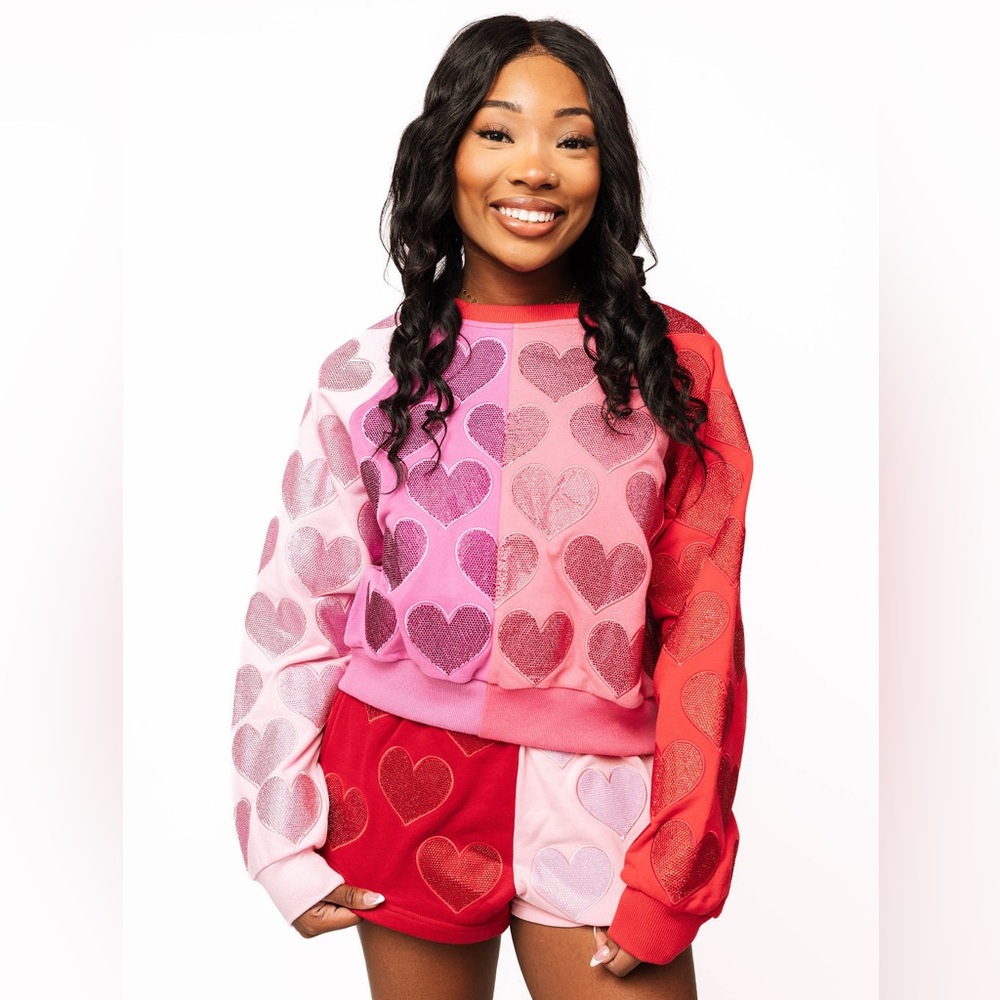 QUEEN OF SPARKLES Colorblock RHINESTONE HEARTS Sweatshirt NWT ANTHROPOLOGIE S